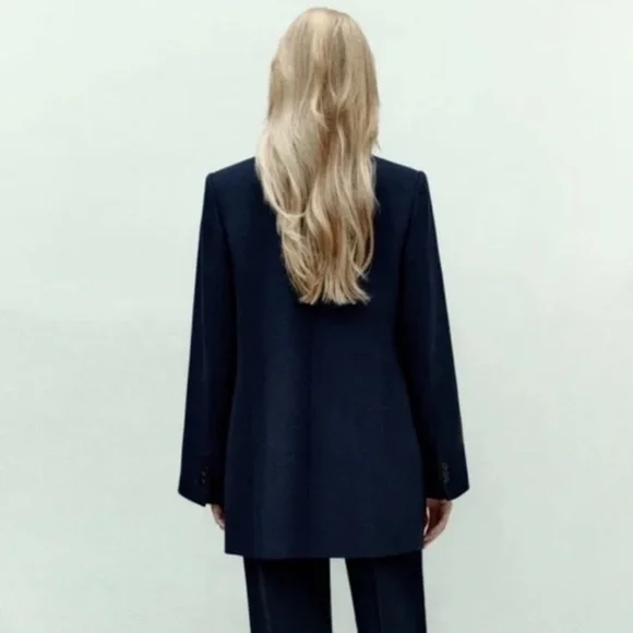 Zara Double Breasted Blazer In Navy Blue With Interior Strap Size Large - Picture 12 of 12